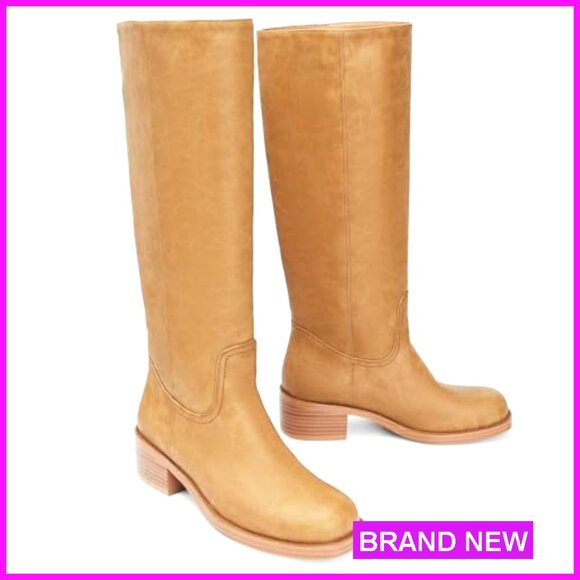 Knee High Boots Square Toe Chunky Heel Pull On Wide Calf Riding Boots - Picture 6 of 7